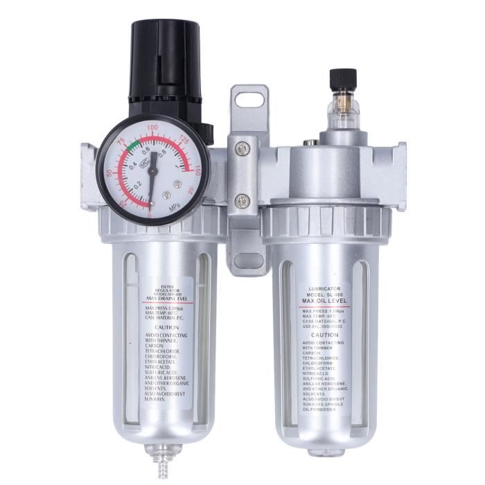 Filtre Régulateur D'air Comprimé 1/2 BSP Avec Manomètre - Séparateur Eau/huile, Réglage 0-150 Psi, En Aluminium