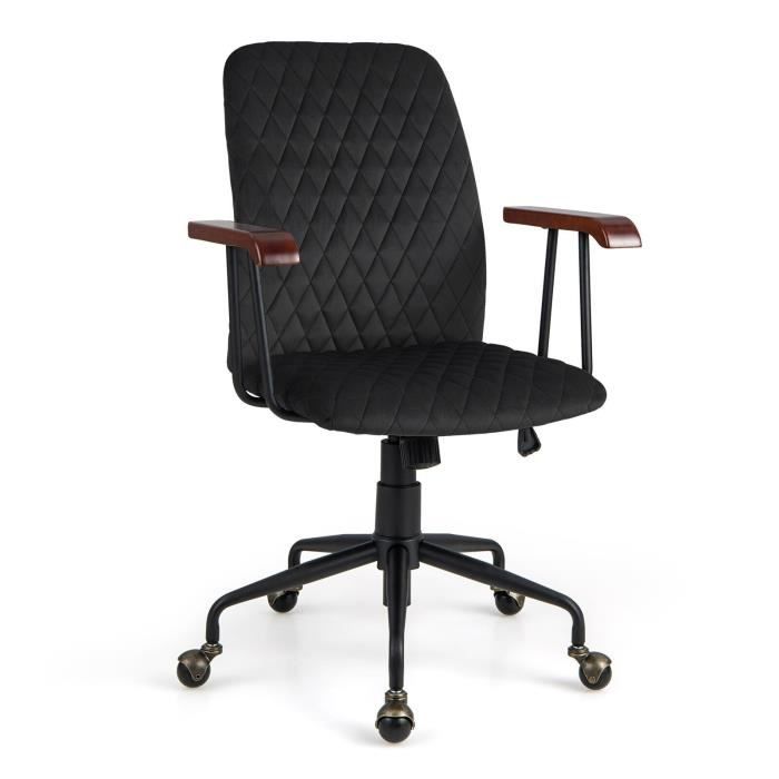 costway chaise de bureau rembourrée vintage, avec accoudoirs en bois caoutchouté, réglable en hauteur d'assise 44,5- 52,5 cm, noir
