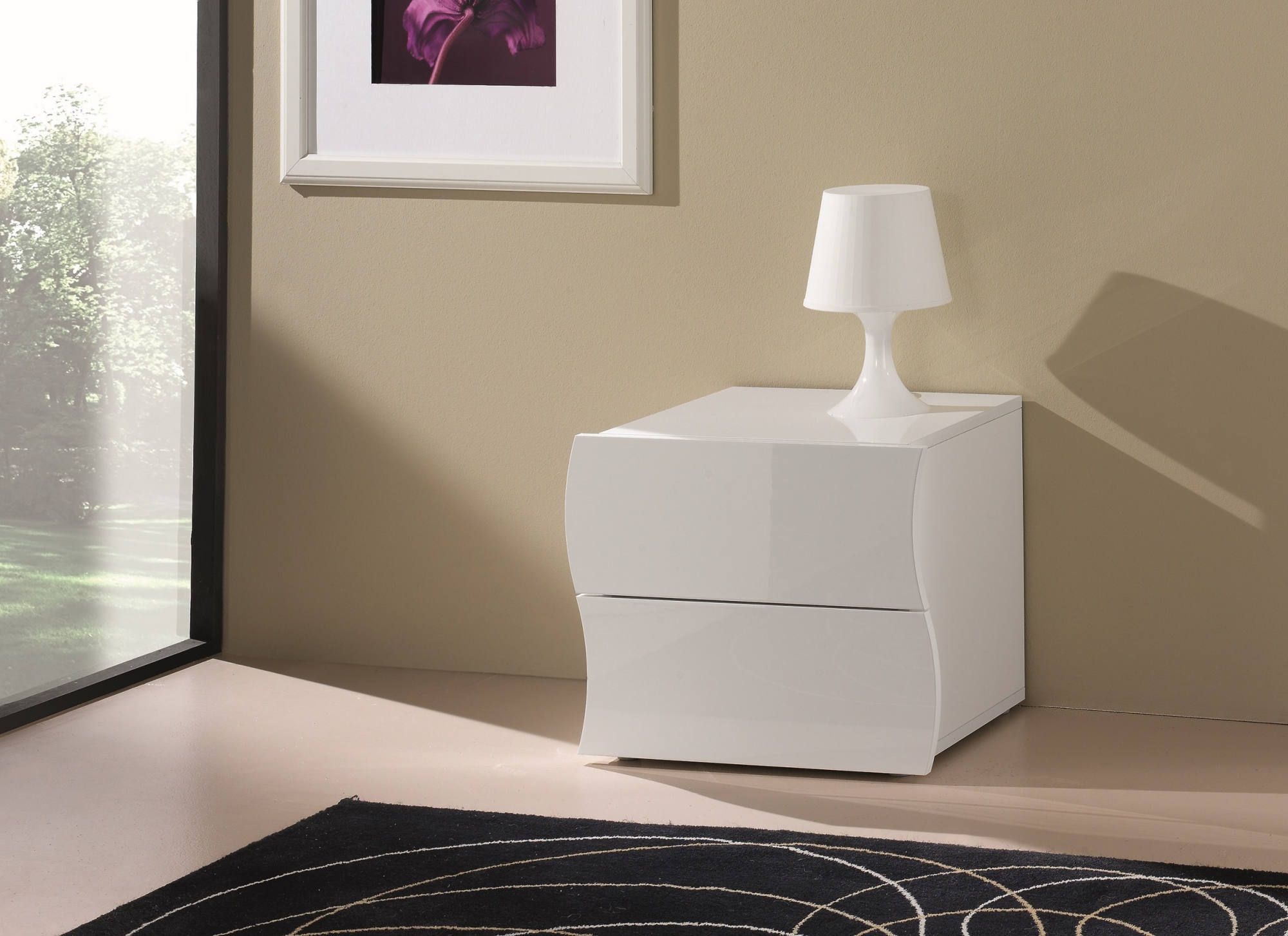 table de chevet ondulée moderne avec 2 tiroirs, made in italy, table de nuit, armoire pour chambre, 50x40h41 cm, couleur blanc brill