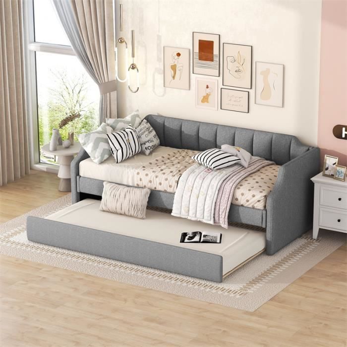 lit gigogne 90x200cm-180x190cm, lit simple rembourré à roulettes canapé-lit extensible avec sommiers à lattes en bois - gris