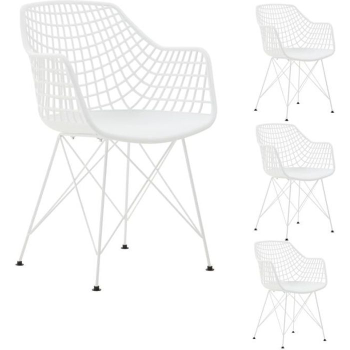 lot de 4 chaises de salle à manger ou cuisine alicante en plastique blanc et 4 pieds en métal laqué blanc