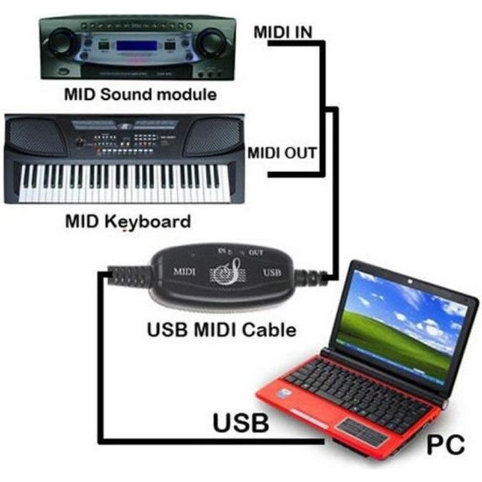 USB in-Out C/âble Adaptateur Midi Musique Clavier Piano pour Interface Pc Portable Converter pour Ordinateur Portable Clavier Piano Windows Pc Noir C/âble USB Midi