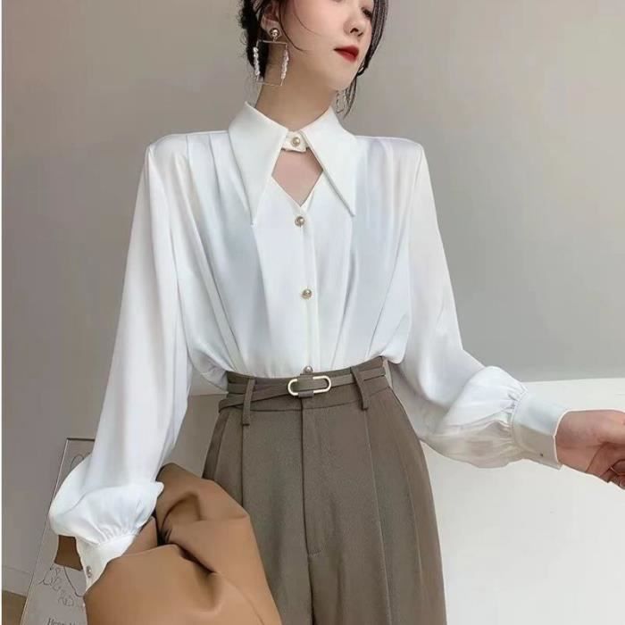 Chemise 2023 printemps chemise Elegant OL Chic Col rabattu A Manches Longues hauts femme Haut Chemisier femmes white E1514 Blanc Cdiscount Pret a Porter