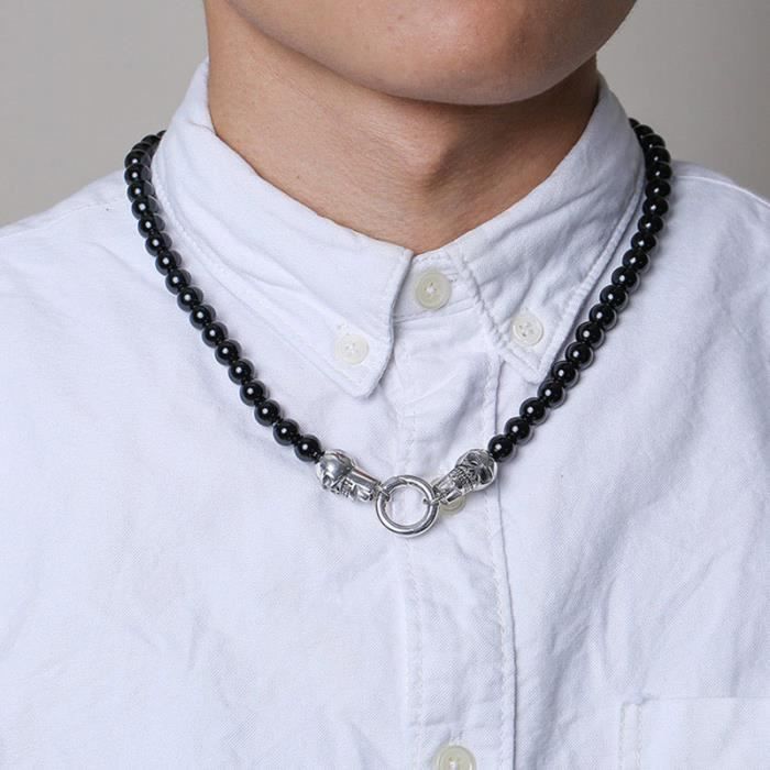 bijoux collier homme  -collier de perles en agate noire avec tête fantôme en acier inoxydable de 60 cm
