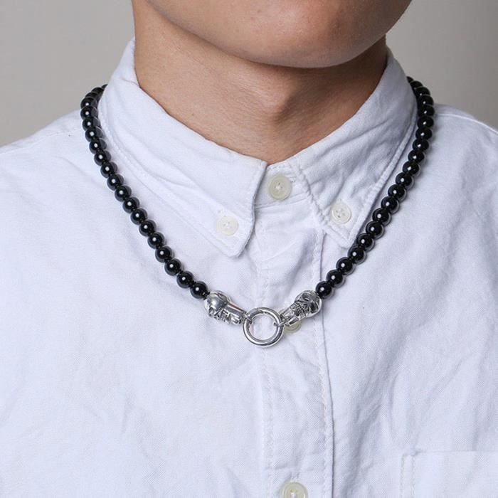 Bijoux Collier Homme -Collier de perles en agate noire avec tête fantôme en acier inoxydable de 60 cm