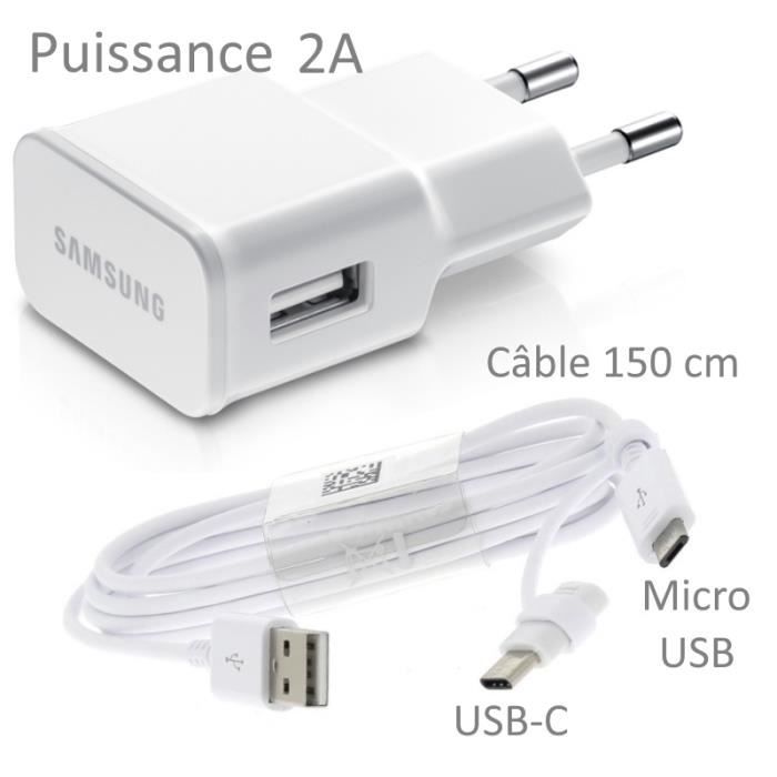 Pour Samsung Galaxy A7 2018 : Chargeur USB Original 2A + Câble Long 150 cm Blanc