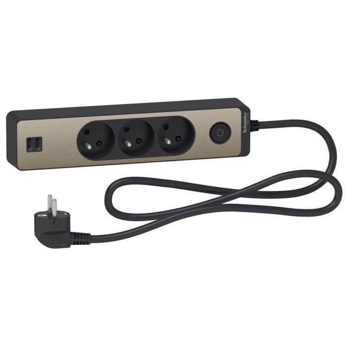 Bloc multiprises 3 Prises 2P+T et 2 USB (câble 1,5m) Noir et
