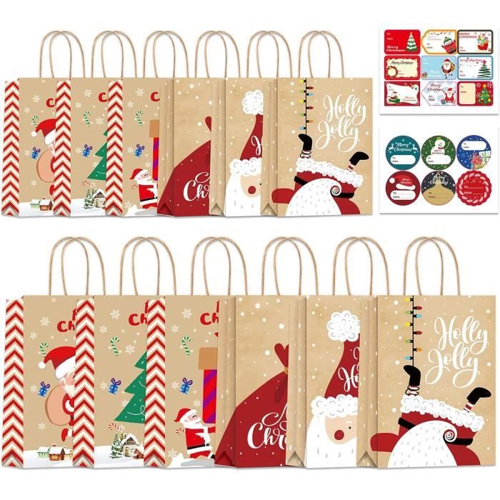 Lot De 12 Sacs Cadeaux Réutilisables Pour Noël - Papier Kraft Coloré