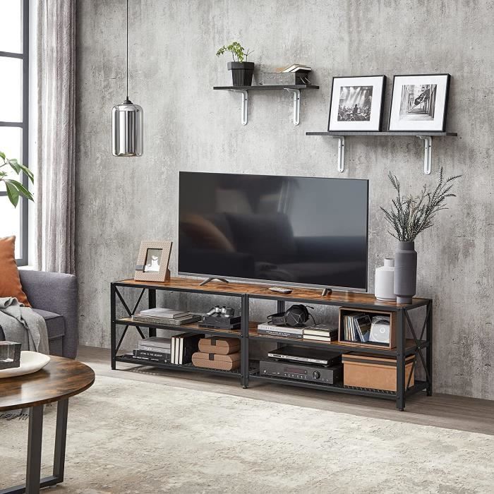meuble tv vasagle - pour télévision jusqu'à 75 pouces - marron rustique et noir - étagères de rangement