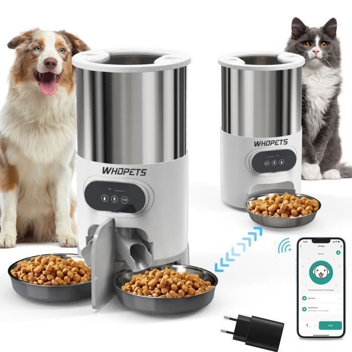 Distributeur croquettes 4.5L automatique WHDPETS 2 Gamelles Mangeoire, WiFi Minuterie Contrôle