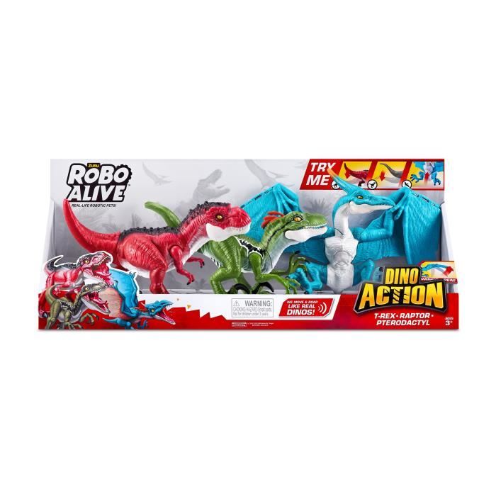 Pack de 3 Robots Dino Alive articulés Raptor T Rex et Ptérodactyle Neuf