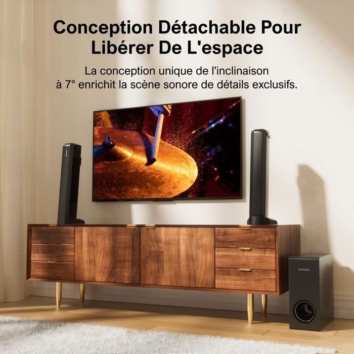 Soundbar S100 MEVOSTO Barre De Son 2 En 1 Séparable 2.2CH Barre De Son Pour TV 80W Double Woofers Intégrés Avec Arc/Optique/AUX/BT 5.0 Basses/Aigus Réglable Montage Mural Système De Cinéma Maison Surround-80cm
