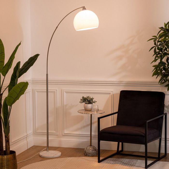 Lampadaire à Arc Moderne Avec Abat-jour Globe En Verre - Base Marbre, Hauteur Réglable, Lumière Dimmable