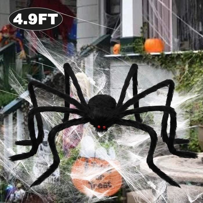 Kit Halloween XXL Extérieur : Toile D’Araignée 5m + Araignée Géante 1,5m + 40g Toile + 20 Petites Araignées + 4 Piquets - Effet Effrayant Garanti