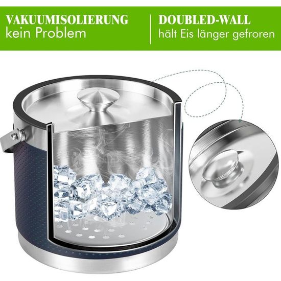 Seau à Glaçons Isotherme En Acier Inoxydable 3,2 L - Double Paroi, Couvercle, Pelle Et Poignées En Cuir - Noir