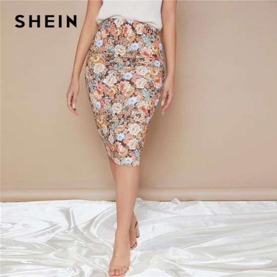 Jupe crayon florale taille haute pour femmes SHEIN multicolore Allover Blanc Cdiscount Pret a Porter