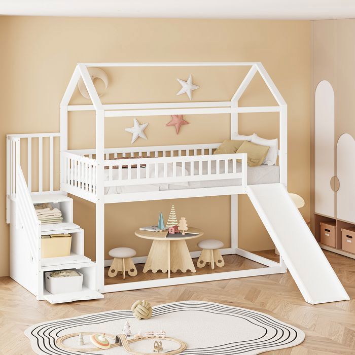 Lit Mezzanine Enfant Avec Toboggan Et Tableau Noir - 90x200 Cm, Bois Massif, Gris - 13