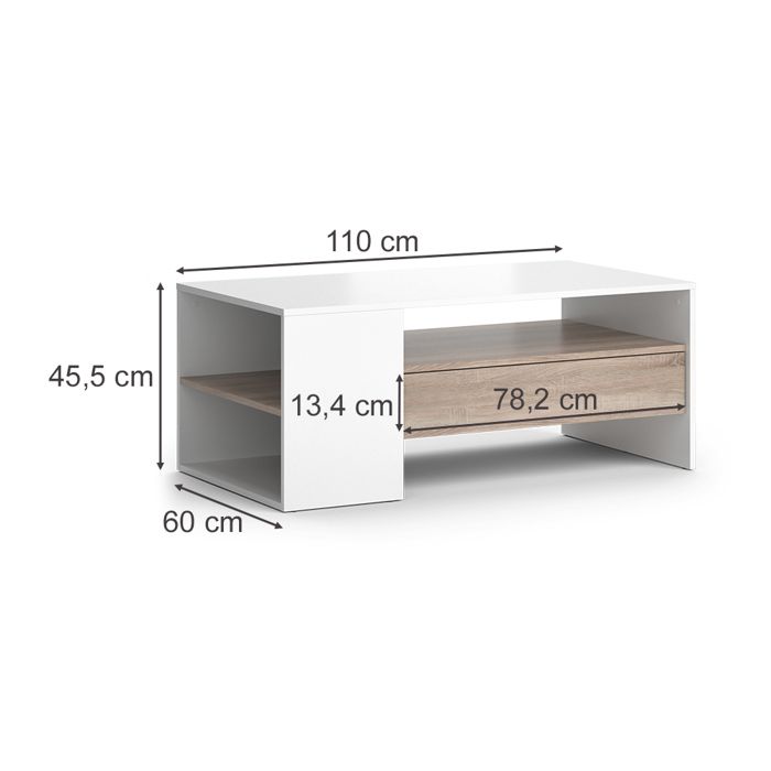 Table basse - 2 niches - Naturel et blanc - BASENA L 110 cm x H 31 cm x P 57 cm