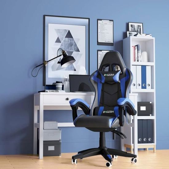 Chaise Gaming Fruyyzl - Fauteuil Bureau Ergonomique Avec Dossier Inclinable 90-155° - Appui-tête Et Lombaire - Accoudoirs - Bleu - Support 158 Kg