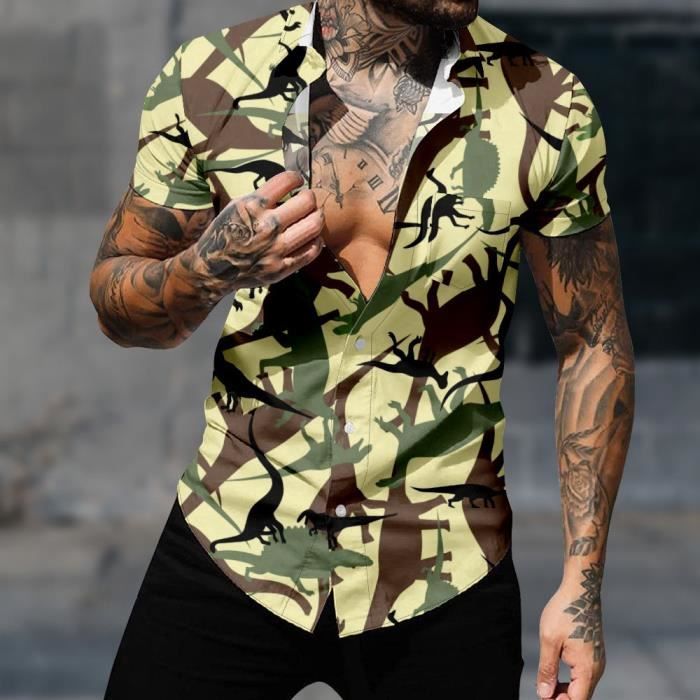 Chemise Homme à Manches Longues Slim Fit - Imprimé Dinosaure Fluo - En Polyester - Style Décontracté Tendance - 12