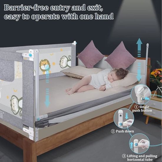 VA-Cerulean Barrière De Lit Réglable 150 Cm Gris Petit Ours - Protection Sécurité Bébé Et Tout-Petit