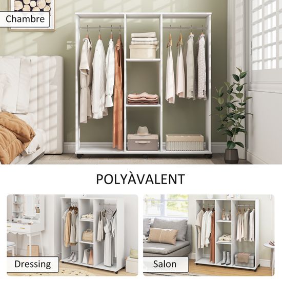 Armoire Penderie Mobile HOMCOM - 6 Roulettes, Rangement Ouvert Avec étagères Et Tringle, Gris 103x43x162,5cm