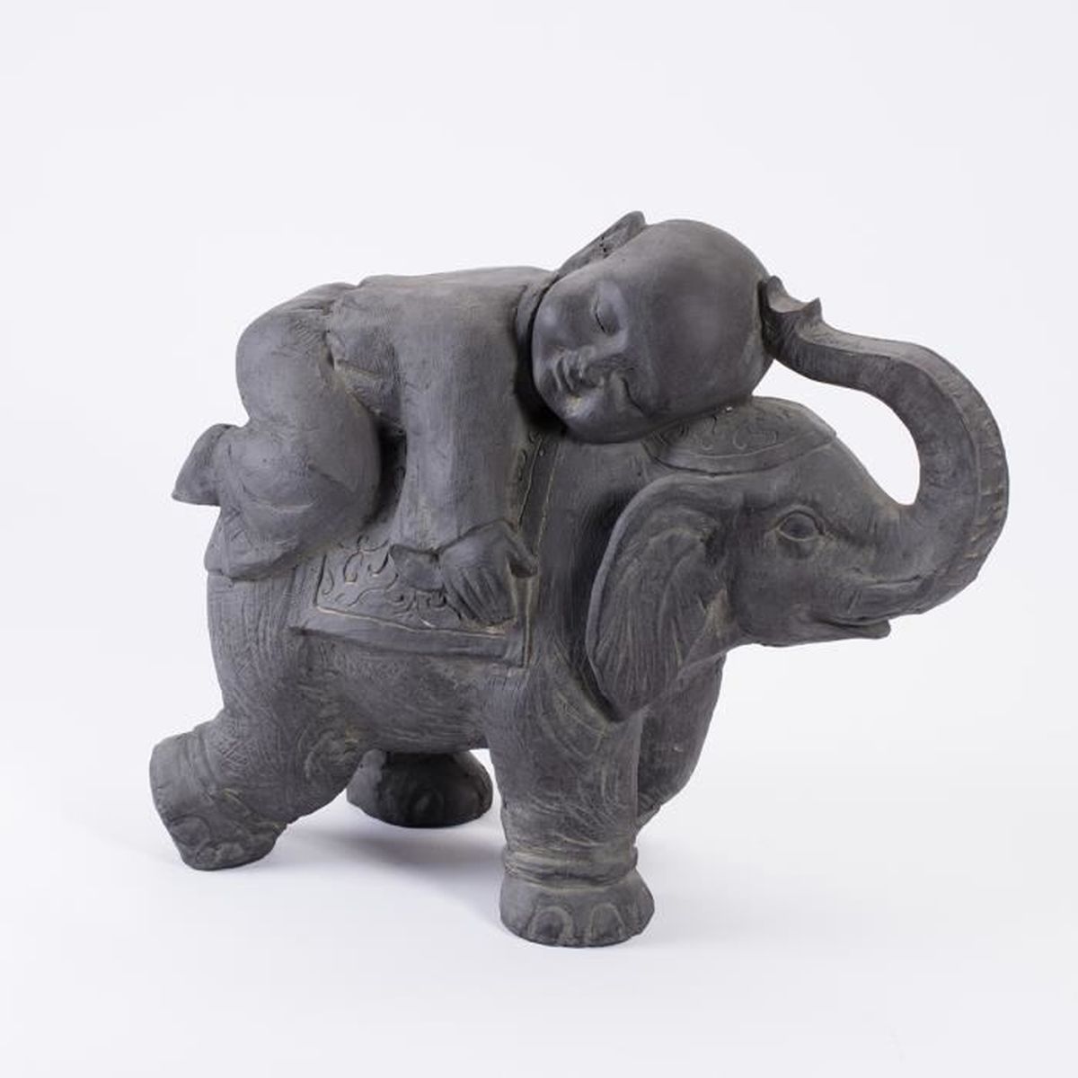 Statue Deco Enfant Sur Elephant En Fibre D Argile Pour Exterieur H45cm X L55cm X L26cm Gris Cdiscount Jardin