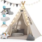 Spielwerk® Tipi enfant Blanc Neige avec tapis Tente de jeu Enfants Guirlande lumineuse Tapis de jeu 3 coussins Chambre d'enfant