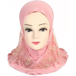 ECHARPE - FOULARD Enfants Enfants Musulman Petite Fille Hijab Avec Motif De Fleurs En Dentelle Écharpe Islamique Châles Extensible 56Cm 7-11 A[u14897]