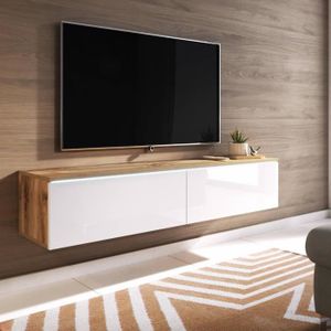 MEUBLE TV Meuble TV contemporain chêne et laqué blanc avec LED 2 portes - MARA