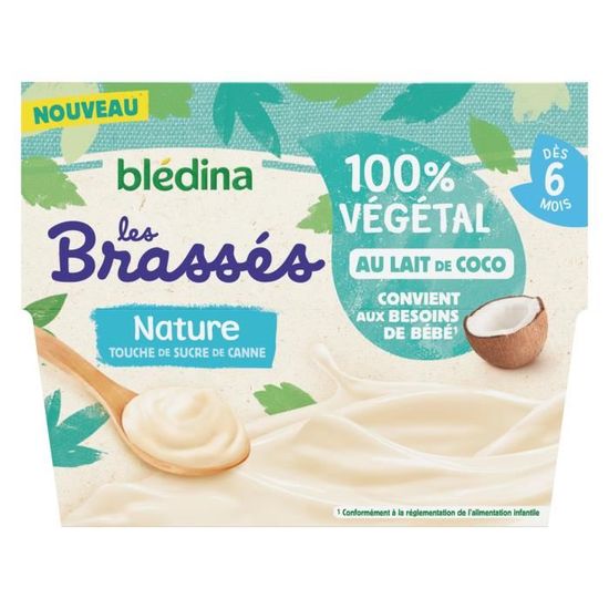 Blédina, Brassés 100% Végétal, Dès 6 Mois, Lait de Coco Nature Touche de Sucre de Canne, 4x95g