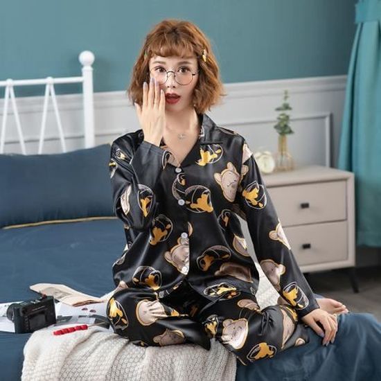 Pyjama femme long,Pyjama en Satin de soie à manches longues pour femmes ...