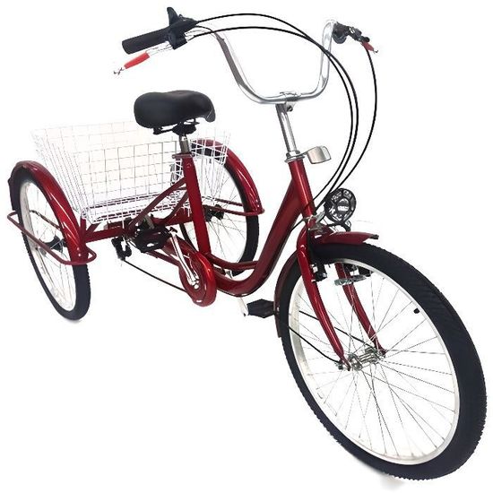 24 pouces tricycle 6 vitesses cruiser vélo avec panier tricycle lumière shopping tricycle adulte tricycle rouge