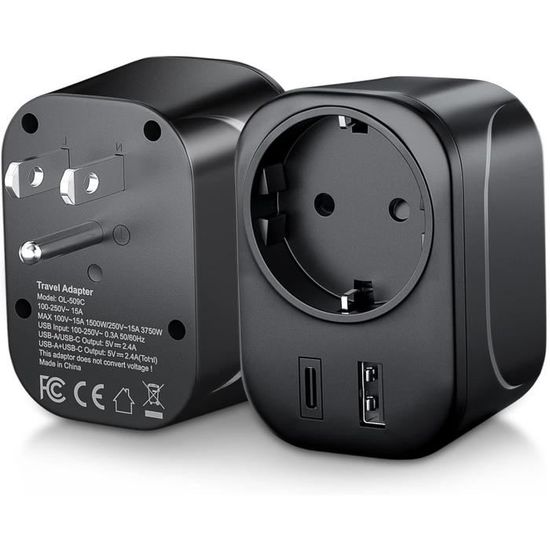 Adaptateur De Voyage Universel – 2 Ports USB-C – Noir – Neuf