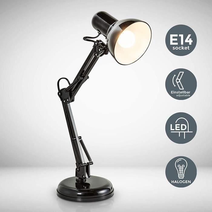 Lampe de bureau LED rétro, lampe de chevet métal avec articulation, lampe de lecture, éclairage LED halogène, E14, 230V, IP20