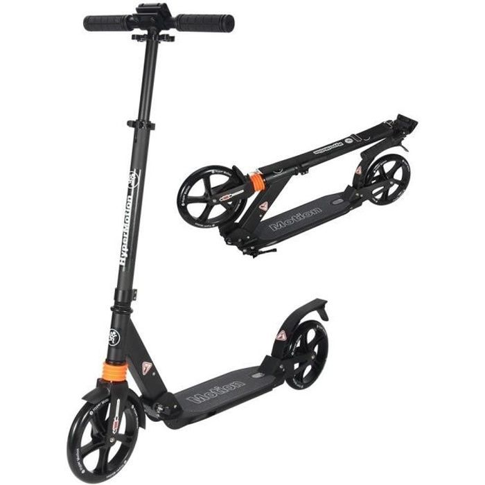 Hypermotion Trottinette Ado & adulte (100 kg) Pliable Sangle, Grandes Roues, Double Amortissements guidon réglable 88-96-104 cm Noir