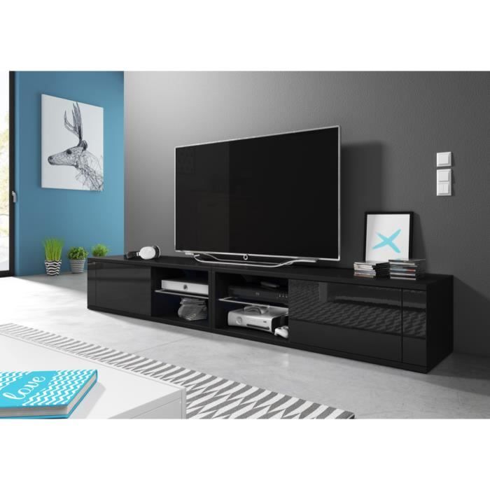 Meuble TV moderne Azalia Double NOIR/ NOIR BRILLANT 200cm