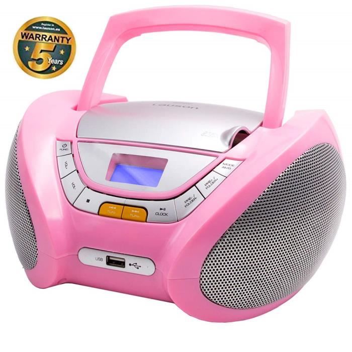 Lauson CP448 Lecteur CD Boombox Radio Portable avec USB, Lecteur MP3 pour Enfant. Prise Casque, Aux-in, Écran LCD (Rose)