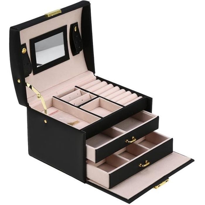 Boîte à Bijoux Grande Coffret à Bijoux Verrouillable avec Miroir 3 Étages 2 Tiroirs Doublure Boîte de voyage -PAI