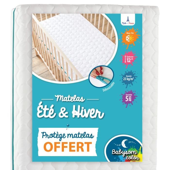 Babysom - Matelas Bébé Climatisé - 60x120 cm | OFFERT : 1 Protège Matelas Imperméable | 1 Face Été Fraîche et 1 Face Hiver Ouatinée