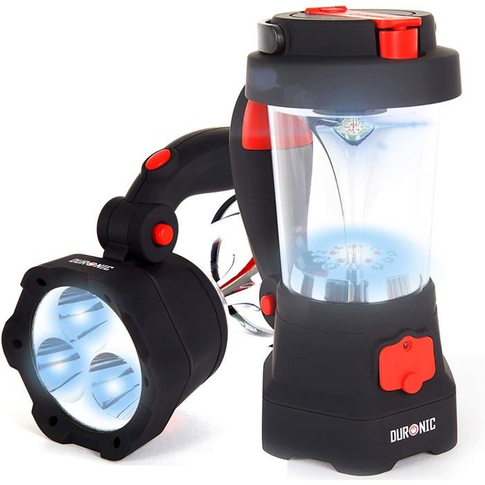 Duronic Hurricane 4 en 1 – Lampe torche 3 LED - Lanterne 10 LED - Signal SOS - Chargeur USB à manivelle dynamo