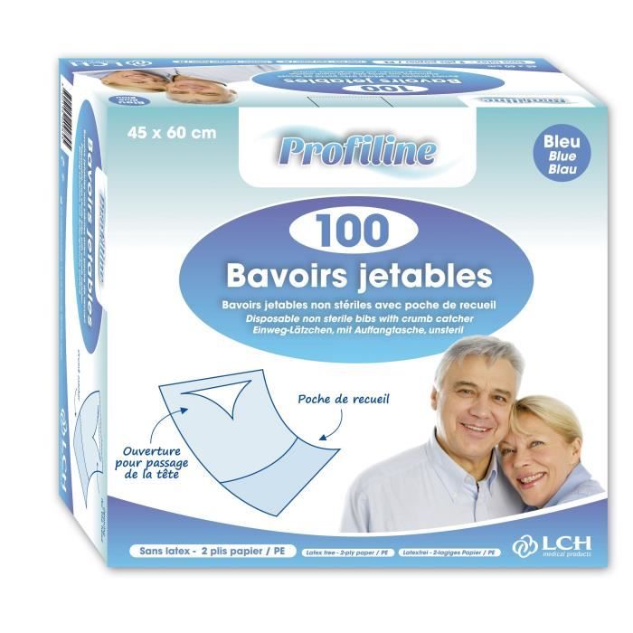 Lot de 4 boites de 100 Bavoirs Bleu 45 x 60 cm PE avec Poche en papier