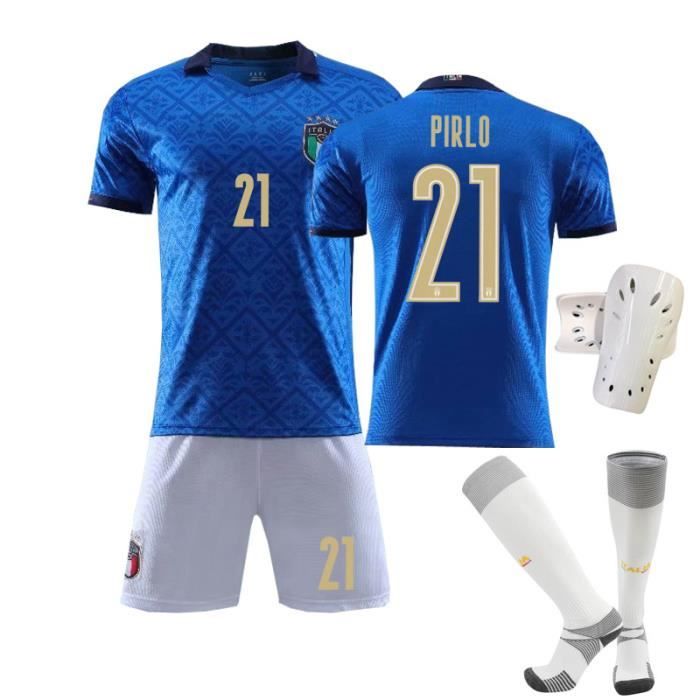 Maillot de Football Italie Domicile 2020-2021 21 Pirlo Collection d'Italie Bleu Tenue + Chaussette + Support Protection pour Enfant