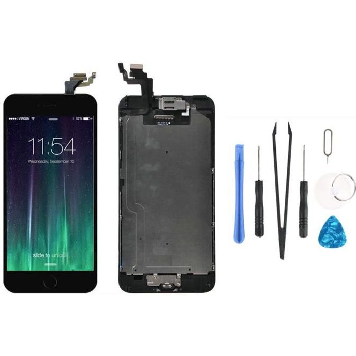 ECRAN COMPLET POUR IPHONE 6 PLUS NOIR VITRE TACTILE LCD SUR CHASSIS + 7 PCS OUTILS AVEC BOUTON