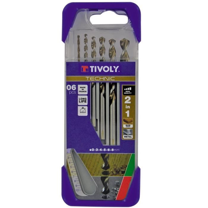 Coffret 6 Forets Bois et Métal 2en1 Ø2-3-4-5-6-8mm Perçage rapide et précis bois durs et aciers Graduation laser TIVOLY TECHNIC