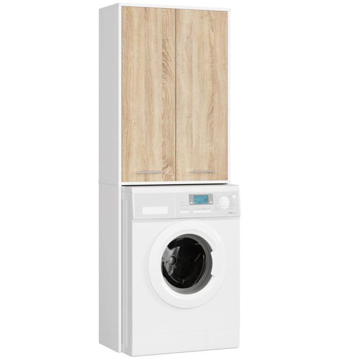 Colonne salle de bains Blanche 64 cm 2 portes façade Chêne Sonoma 4 étagères 64x30x180 cm