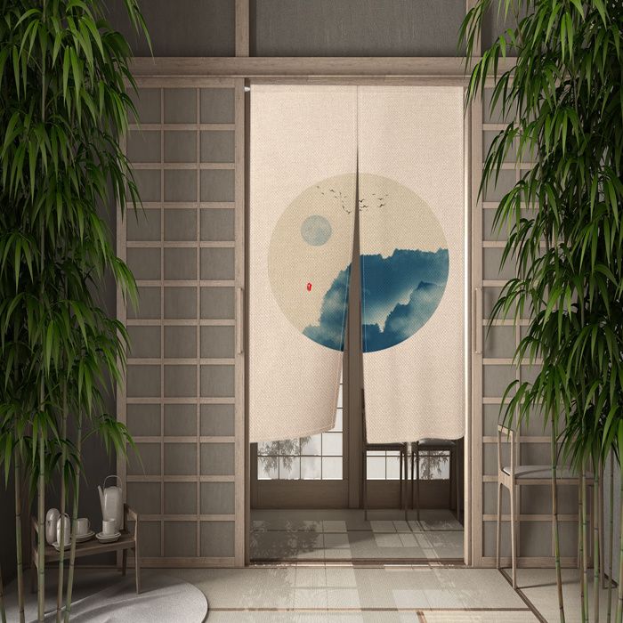 Rideau Japonais Noren En Lin 90x150cm Avec Motif Chat - Séparateur De Pièce, Décoration Cuisine Ou Chambre