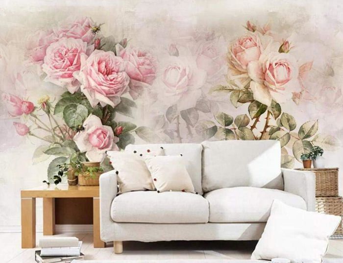 Papier Peint 3D Trompe L'Oeil Rose idyllique dessiné à la main Vintage