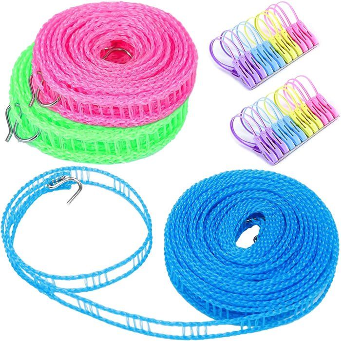 Ensemble de cordes à linge portables pour voyage, lot de 2 avec 24 pinces à linge résistantes au vent, corde à linge pour le jardin, les vacances, l'hôtel, le balcon Ensemble de cordes à linge portables pour voyage, lot de 2 avec 24 pinces à linge résistantes au vent, corde à linge pour le jardin, les vacances, l'hôtel, le balcon