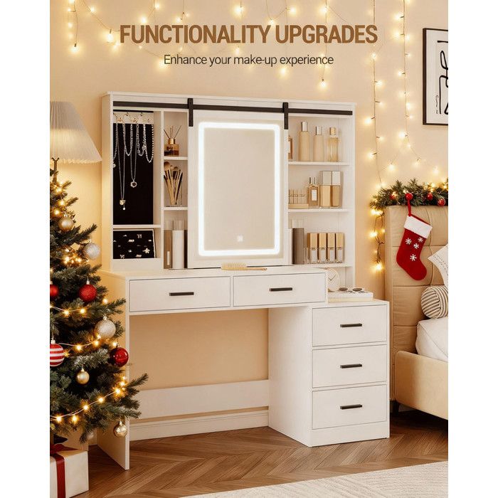 Coiffeuse avec Lumières LED Réglables Miroir Amovible Étagères Ouvertes 5 Tiroirs avec Table dappoint pour Chambre à Coucher
